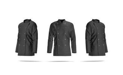 Blank black chef jacket with buttons mockup, front and side