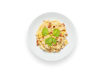 Rice with chinese sausage isolated on white background, Fried rice with chinese sausage. with clipping path.