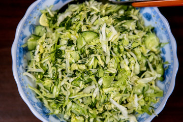 a full plate of green salad with cucumber and fresh cabbage