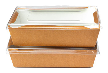 Craft package food box with transparent cover on white background close up