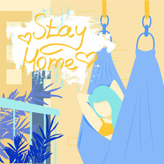A woman is resting and tans in a hammock on the balcony. Girl on self-isolation in the summer. Stay home during an epidemic. Cute stock vector illustration isolated on white backgroundin flat style.