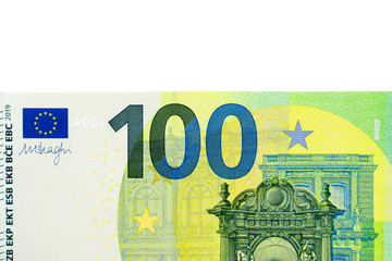 One hundred 100 euros in one banknote close-up. Part of the money of the European currency on a white background. Foreground