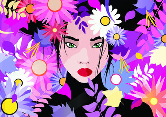 Portrait of a woman with flowers in her hair. Vector illustration.