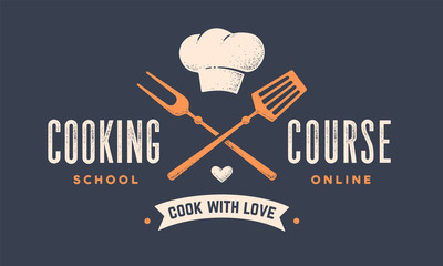 Food logo. Logo for Cooking school class with icon bbq tools, grill fork, spatula, hat chef, text typography Coocking Course. Graphic logo template for cooking cuisine course. Vector Illustration