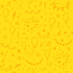 Hand drawn doodle party background with air balloons, fireworks, confetti, and bunting flags garlands.