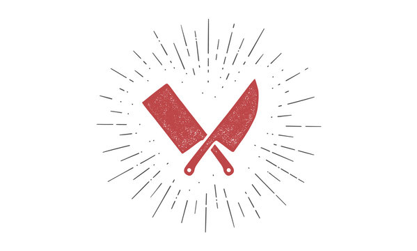recommend clip art: Set of butcher knives icons. Silhouette two butcher knives - Cleaver and Chef Knives and sunburst. Logo template for meat business - farmer shop, market, butchery or design. Vector Illustration