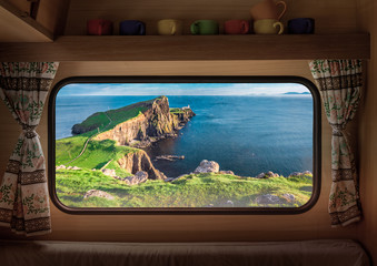 Neist point lighthouse, Isle of Skye, Scotland, view from camper