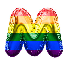 Letter M gay pride flag shiny foil balloon font. 3D Rendering