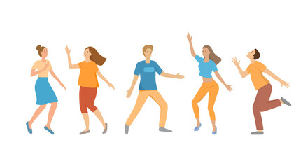 A group of young people dancing, men and women. Funny poses, bright colors, characters shapes isolated on a white background. Girls and boys are smiling, having fun. Flat cartoon vector illustration