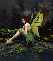 Fairy wearing a green dress sitting on a bridge over an enchanted pond