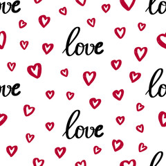 Love lettering and hearts seamless pattern vector