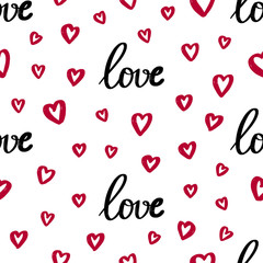 Love lettering and hearts seamless pattern vector