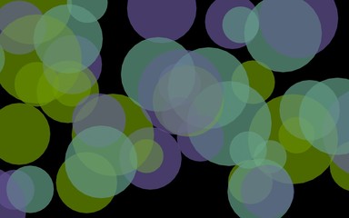 Multicolored translucent circles on a dark background. Green tones. 3D illustration