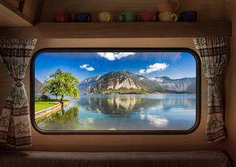 Lake in the Alps, view of camper window, Hallstatt