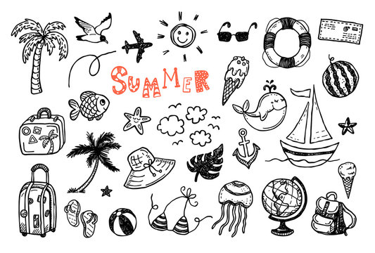 doodle summer vector set. Hand drawn icons collection. Holiday, beach vacation theme.