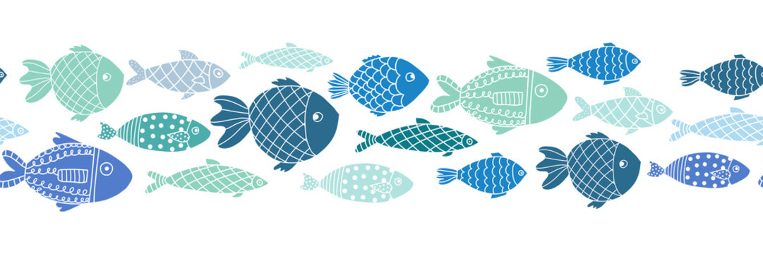 Blue fishes seamless vector border. Doodle line art ocean animal repeating pattern. 