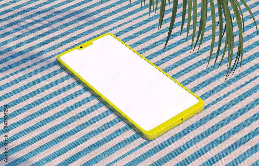 Poster natural summer backdrop with smart phone mock up on linen fabric background and tropical palm leaves