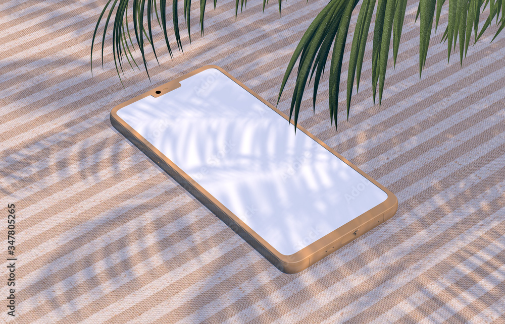 Poster natural summer backdrop with smart phone mock up on linen fabric background and tropical palm leaves
