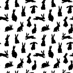 Cotton fabric Seamless vector background with black easter rabbits silhouettes on a white background
