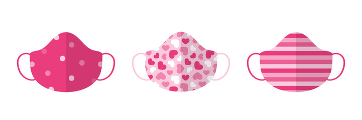 Cute pink cloth masks, sheet masks for face with ornaments vector set, collection.
