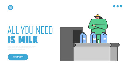 Concept Of Dairy Production. Website Landing Page. Woman In Uniform Controls Quality Of Production And Packaging Of Milk On Conveyor Belt. Web Page Cartoon Linear Outline Flat Vector Illustration