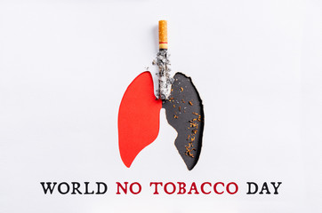 World No Tobacco Day, May 31. Cigarette burning the lungs paper on black background. World No...