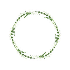 Wreath template with green leaves, branches, berries. Vector border design for greetings, logos, banners, invitations. Sprigs are in the shape of hearts. Floral frame as a delicate decoration element.