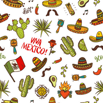 Vector seamless background with hand drawn colored Mexican elements. Independence day, Cinco de mayo celebration, party doodle decorations for your design.