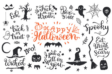 Happy Halloween graphic and lettering set. Trick or Treat, Boo, I put a spell on you and another phrases with hand drawn symbols.