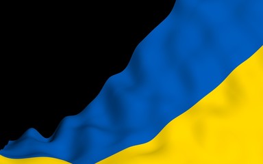 The flag of Ukraine on a dark background. National flag and state ensign. Blue and yellow bicolour. 3D illustration waving flag