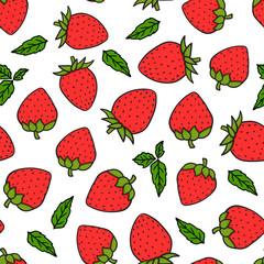 Strawberries hand-drawing seamless pattern. Vector endless design with ripe red cartoon style berries. Fresh summer tasty abstract background