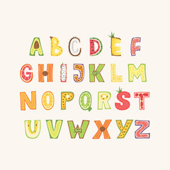 Fruit alphabet - lettering design. Capital typography set in Scandinavian style. Vector illustration.