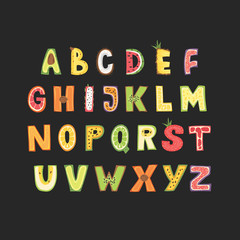 Fruit alphabet - lettering design. Capital typography set in Scandinavian style. Vector illustration.