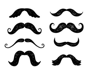 Hand drawn doodle vector moustache icons set, photo booth props