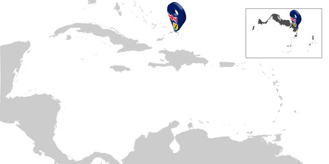 Location Map Turks and Caicos Islands on map Central America. 3d Turks and Caicos Islands  flag map marker location pin for your web site design, UI. UK. Central America.  EPS10.