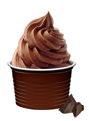 Chocolate soft ice cream in blank plastic cup with broken chocolate chips isolated on white background including clipping path