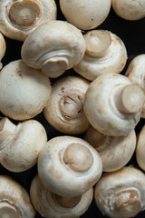 A lot of fresh gray mushrooms are lying on the black table. Taken in close-up with natural light. The view from the top.