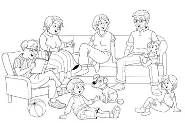 Happy family at home. Coloring page. Illustration for children. Cute and funny cartoon characters isolated on white background