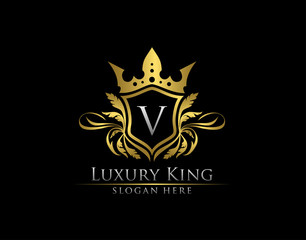 Luxury Royal King V Letter, Heraldic Gold Logo template.