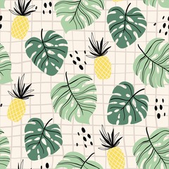 Abstract tropical seamless pattern with palm leaf and pineapple, modern design