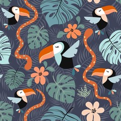 Tropisch naadloos patroon met exotisch ontwerp, kleurrijke toekan en palmblad
