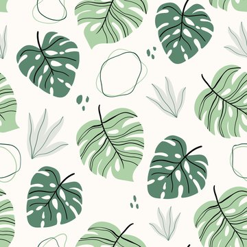 Abstract tropical seamless pattern with palm leaves on white background,  modern design