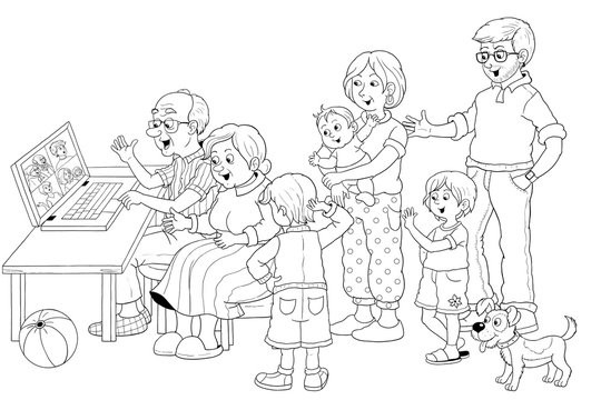 Happy family at home. Coloring page. Illustration for children. Cute and funny cartoon characters isolated on white background