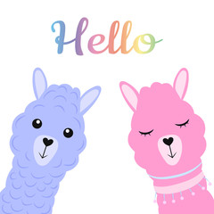 Obraz na płótnie Canvas Two cute cartoon llamas in blue and pink. Hey. Flat vector illustration isolated on white background.