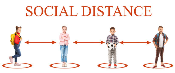 Different children on white background. Concept of social distance