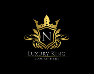 Luxury Royal King N Letter, Heraldic Gold Logo template.