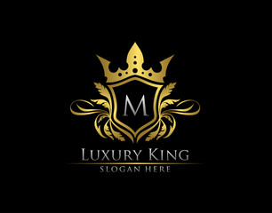 Luxury Royal King M Letter, Heraldic Gold Logo template.