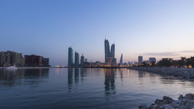 4k Time lapse of Bahrain Skyline with dark clouds and Bahrain financial harbor from Manama City, Bahrain