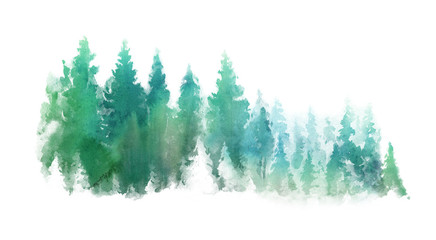 Watercolor Green landscape of foggy forest hill. Wild nature, frozen, misty, taiga. Evergreen coniferous trees. Horizontal watercolor background.