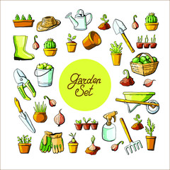 Vector garden collection tools and plants